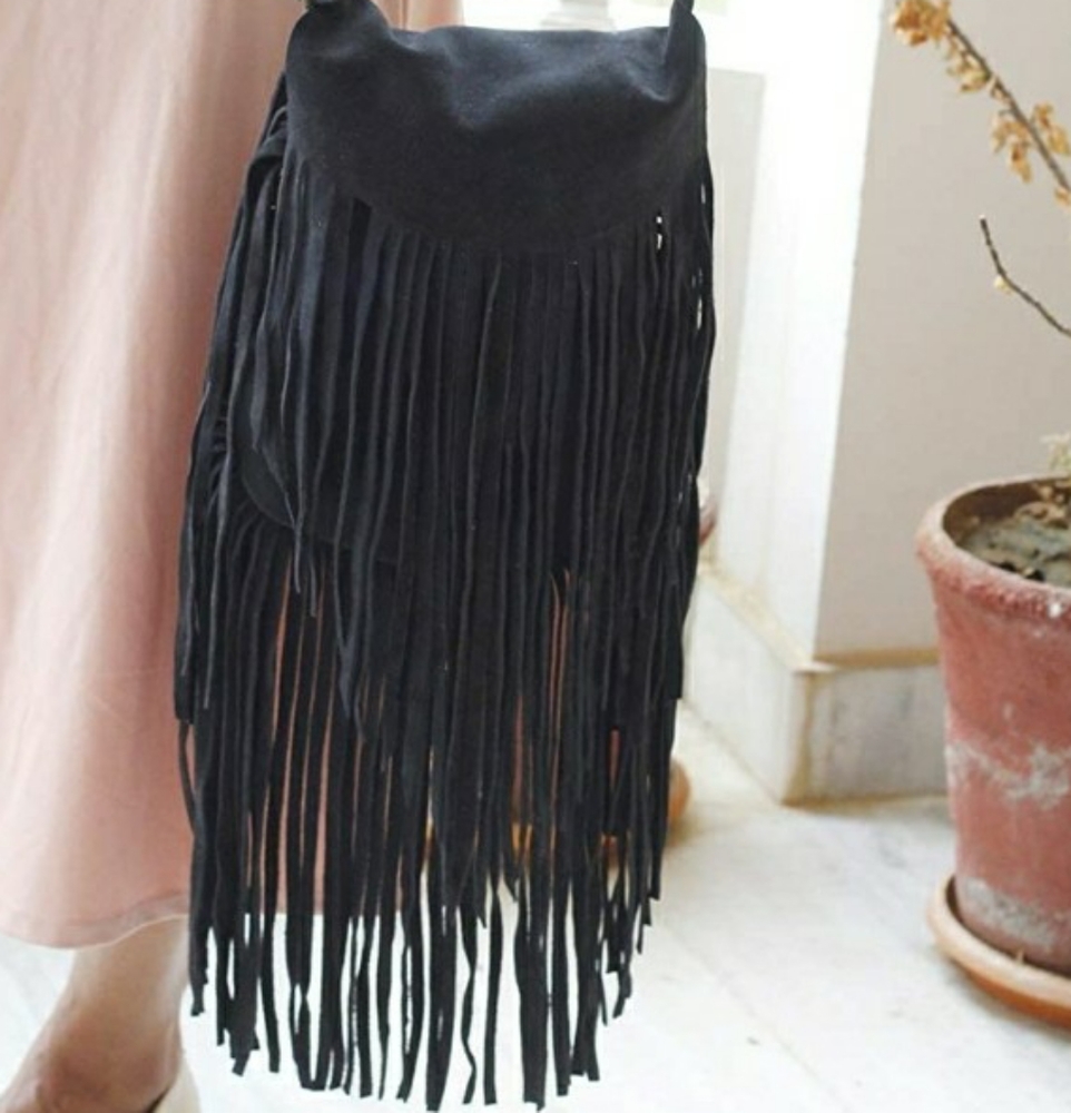 Awesome black suede fringe bag genuine leather boho gypsy festival